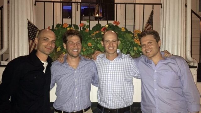Stephen Padilla (C’97), Matt Rizzo (C’97), Robert Walton (C’97), and Rob Rizzo (C’99) reunite for Matt’s 40th birthday celebration in Nantucket in 2005. The Rizzo brothers formed lifelong friendships at Georgetown, which is why they chose to support Georgetown’s trailblazing CMEA programs.